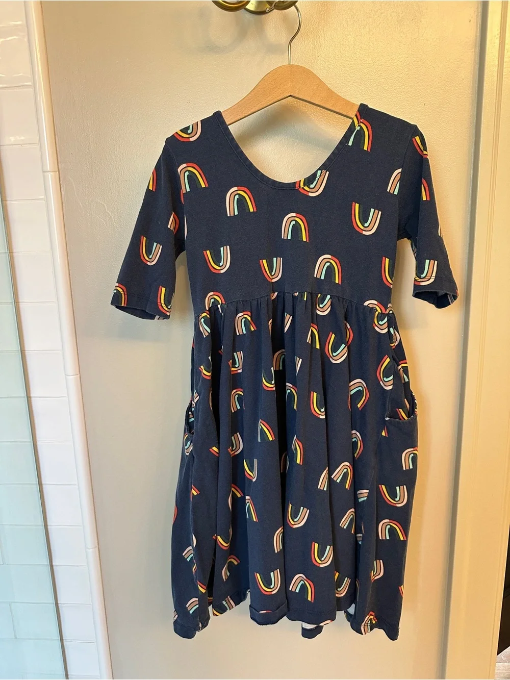 Hanna Andersson Navy Knit Dress with Rainbow Print